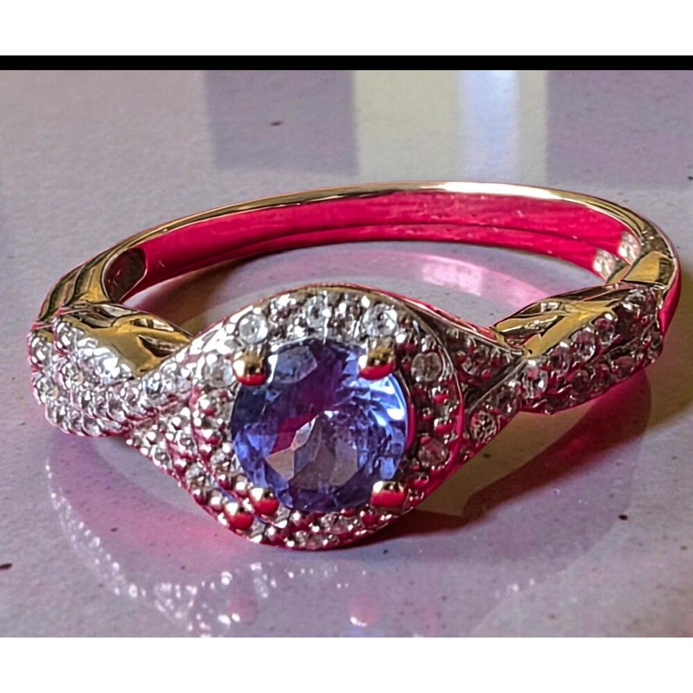 .96ct Round Tanzanite W/22ctw White Zircon Solid 10K Yellow Gold Ring Sz 9